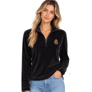 Ralph Lauren Black Velour Crest Quarter Zip Pullover EUC Size Small